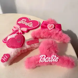 Mode 2024 Zoete Roze Barbie Haaraccessoires Pluche Hart Boog Haarklauw Haarclips Voor Meisjes