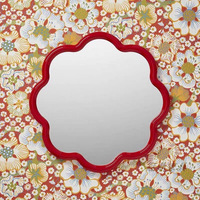 Miroir mural créatif sans perçage en bois de caoutchouc massif, avec éclairage tactile et fonction anti-buée, idéal pour la coiffeuse ou le lavabo, motif floral rouge