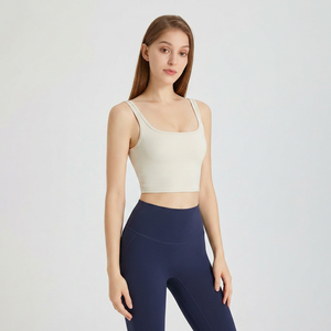 Top corto de yoga para mujer al por mayor con cuello cuadrado, tirantes finos dobles, almohadillas extraíbles, ajuste ceñido, para pilates y gimnasio - Product Image 4