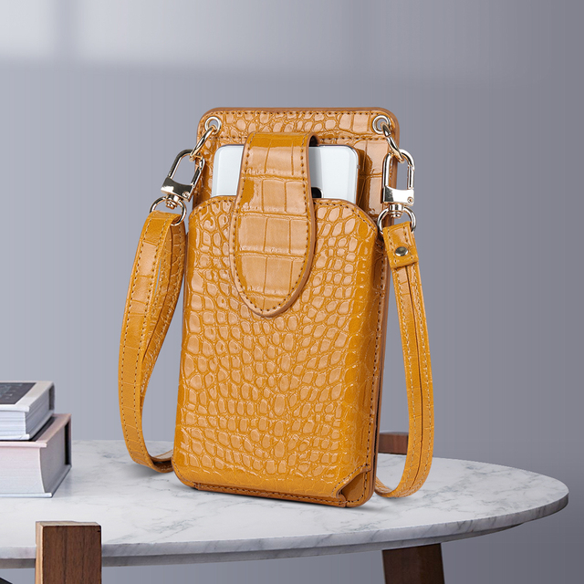 New Trendy Women Crossbody Phone Shoulder Bag Luxury Crocodile Pattern PU Leather Phone Purse with Card Slot and Mirror