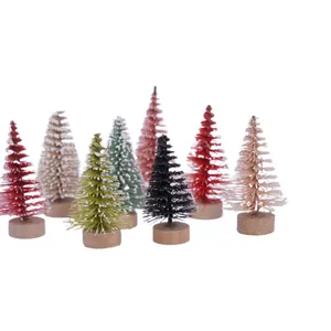 Mini alberi di pino artificiali colorati per pennelli per bottiglie di natale con Base in legno per decorazioni natalizie