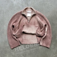 Pull tricoté pour homme à demi-zip, style streetwear, côtelé, effet délavé vintage, avec logo personnalisé, par fabricants de tricots