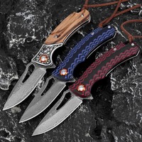 Couteau de poche pliable EDC en acier Damas, lame à pointe tombante avec manche en bois et système à roulement à billes pour le camping, la survie, le bricolage, OEM