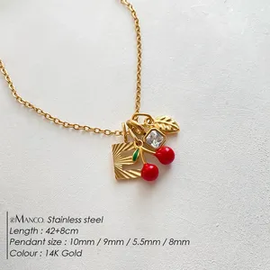 Colliers pendentifs pour femmes EManco en acier inoxydable, motif cerise <span class=keywords><strong>rouge</strong></span> texturé, géométrique, avec gemmes carrées et feuilles, lettres, cadeaux, dropshipping - Product Image 2