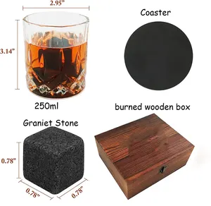 Most Popular Custom Logo Granite Whiskey Stones And Whiskey Glass Gift Set With Luxury Wooden Box For Father