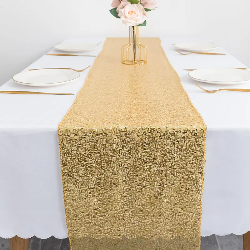 Fabrika fiyat 30cm x 275cm altın masa koşucular pullu Polyester masa örtüsü Glitter masa örtüsü örtüsü düğün dekorasyon için parti