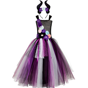 Robe de sorcière <span class=keywords><strong>maléfique</strong></span> Robe tutu en maille pour filles Robe Cosplay avec bandeau - Product Image 4