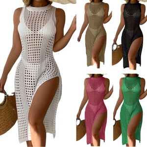 Al por mayor Blusa de playa tipo vestido de cubierta de bikini de color liso con estampado a cuadros, sexy, calado, con protección solar, con logo frontal, 1 pieza, con tanga - Product Image 1