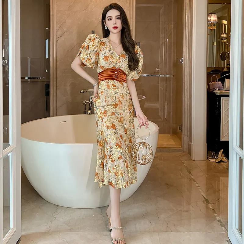 Zyht 50047 quần áo sang trọng Boho Rose Flower in Dài Midi Dresses kim cương rộng vành đai trang trí một mảnh Ăn mặc