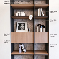 Meuble de présentation minimaliste pour salon, bibliothèque ouverte sur mesure avec panneau arrière en bois texturé et étagères de rangement en bois veiné