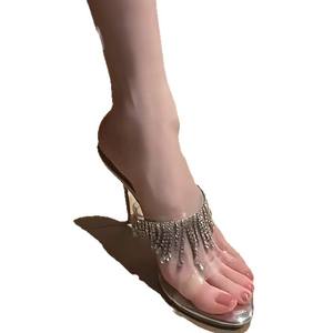 Nouvelles sandales d'été 2026 pour femmes à bout ouvert, avec strass et pampilles, transparentes, à bride unique, sexy, à talon haut et fin, style mule - Product Image 1