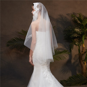 WAN200 — voile de mariée blanc en dentelle ivoire, livraison gratuite, courte, une étape, voile à doigt de mariage avec peigne - Product Image 3
