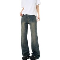 Jeans Rétro Homme Femme Automne Hiver Style Urbain Délavé Effet Usé Taille Haute Jambe Large Ample Droit Multi-Poches