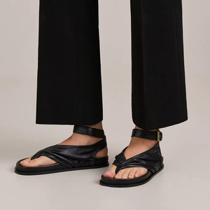 Été chaud confortable femmes bout rond <span class=keywords><strong>tongs</strong></span> pantoufles toboggan plage sandales bride à la cheville noir Pu sandales plates pour les femmes - Product Image 3