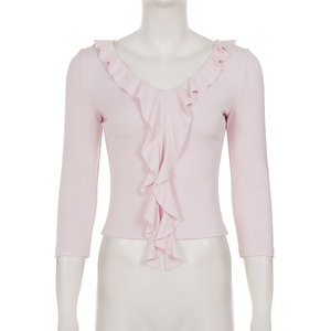 Blusa de Punto con Cuello en V y Volantes para Mujer, Corte Ajustado, Manga 3/4, Color Sólido, Estilo Casual Básico - Product Image 6