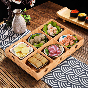 Plastic nine-compartment side dish <b>tray</b>, bamboo and wood imitation compartmentalized <b>small</b> lunch basket, barbecue <b>tray</b>, sauce - Product Image 2