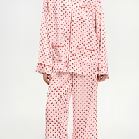 Ensemble pyjama pour femme à pois, manches longues et pantalon, avec passepoil contrastant, mignon, pour l'automne et le printemps, deux pièces