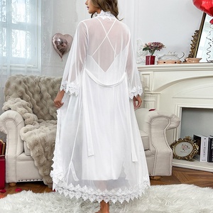 Wholesale Bridal Robes Dress 2 Pieces Set Satin Bridesmaid Wedding Mesh Sleeve White Silk Satin Robe Cardigan with Lace - Product Image 6