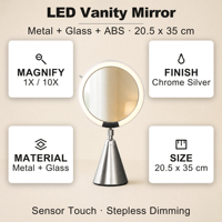 Miroir de maquillage à base conique chromé argenté 1X/10X 20,5 cm 8,1 pouces 35 cm LED à capteur tactile à intensité variable Rotation à 360° Miroir de table pour coiffeuse