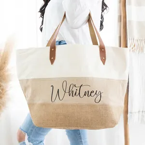 Wholesale Women Gift Large Burlap Monogram Shoulder Tote Bag Recycled Canvas Custom Shopping Bags