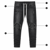 Jean skinny homme en coton stretch déchiré aux genoux, avec cordon de serrage, denim délavé noir, style streetwear