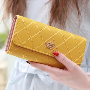 Fashion Tri-fold Button Closure Long Purse Women Multi Card Organizer Golden Crown Candy Colors Thread Lattice Clutch Wallet