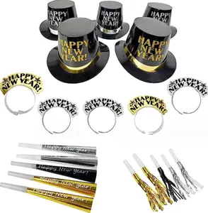 Black Gold Happy New Year photo props Paper Caps Hats Headband Blowing Dragon fringe Horn for 2025 Happy New Year Party supplies