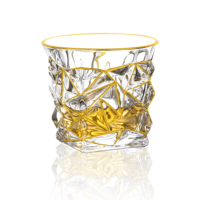 Verre à whisky en cristal sans plomb de qualité supérieure 300 ml, bord doré, 365 g, lourd, à facettes géométriques, bouche large 97 mm, style ancien