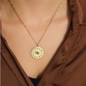 Yellow Gold Evil Eye CZ Sun Dial <strong>Coin</strong> Pendant <strong>Necklace</strong> - Product Image 4