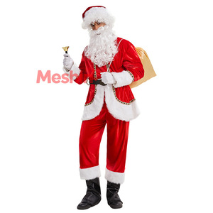 Costume de Père Noël pour homme adulte, ensemble haut et pantalon en velours rouge, tenue de scène, grande taille, vente en gros - Product Image 3