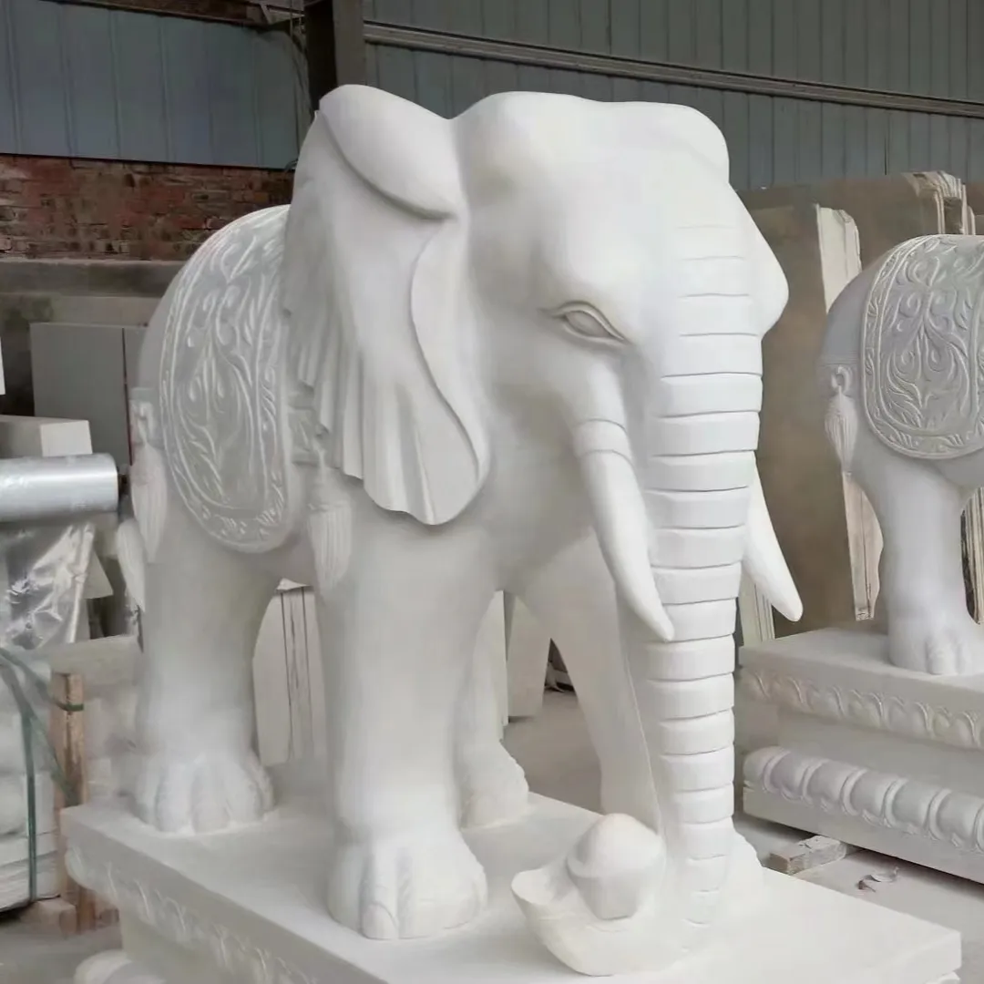 四川白翡翠大理石像庭の装飾ブティック動物石手彫り象大理石彫刻