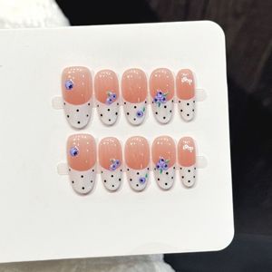 Nouveau produit lancé, Ongles à presser artisanaux faits main, style français, motif pois frais d'été et nœud bleu <span class=keywords><strong>myrtille</strong></span>, pur artisanat - Product Image 1