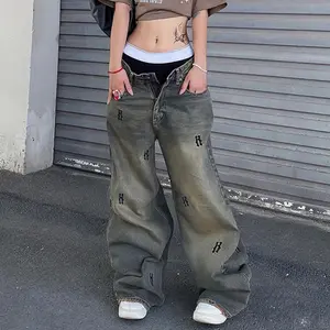 Hip hop tarzı düşük bel retro kargo kot kadınlar için gevşek Streetwear rahat geniş bacak pantolon pantolon