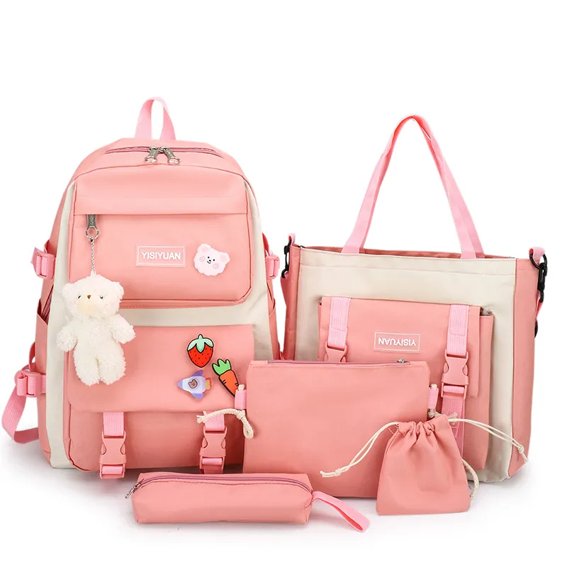 Hot selling fashion pink travel school bag women girls student 5 pcs backpack set