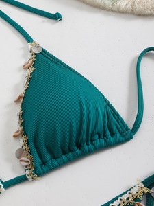 Maillot de bain deux pièces côtelé à bretelles et détails coquillage pour femme - Product Image 4