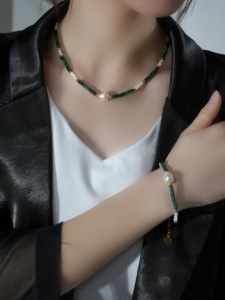 <strong>Emerald</strong> Green Jade Cylinder <strong>Beads</strong> with White Spacer &amp; Small Baroque <strong>Pearl</strong> Necklace for Women Fashion <strong>Jewelry</strong> - Product Image 3