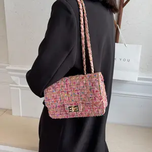 Bolsos de mano con cadena para mujer de Tweed 2024, Bolso con solapa de cuero para mujer, bolsos de hombro cruzados de diseñador personalizados para mujer, baratos