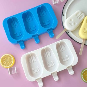 J119 Thiết Kế Động Vật Silicone Khuôn Cấp Thực Phẩm BPA Miễn Phí Bền DIY Popsicle Lolly 3 Con Thỏ Kem Khuôn + Nắp + 50 Thanh - Product Image 2