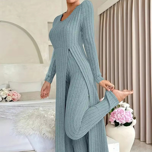 Automne deux pièces femmes décontracté tricoté costume à manches longues fendu col rond mode femmes tenues costume - Product Image 1