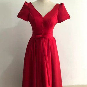 White Satin V-Neck A-Line Wedding Dress With Drawstring Pocket Natural Waistline Off-White And Wine Red X030 - Product Image 2