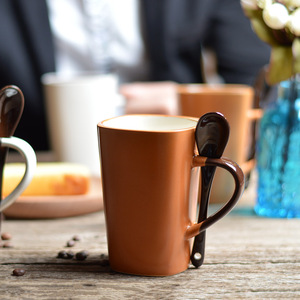 Frosted Matte Ceramic <b>Mug</b> With Spoon Square Shape <b>Coffee</b> Milk Cup Solid Color Handle Gift <b>Set</b> Available - Product Image 5