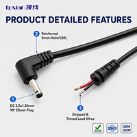 Steker DC 90 Derajat 3.5mm X 1.35mm Male ke Kabel Tanpa Isolasi dengan Bushing SR, Kabel Pigtail DC Kustom untuk Perbaikan Adaptor Strip LED CCTV