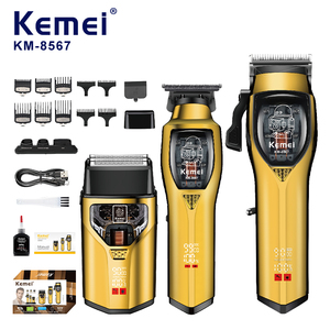 เครื่องตัดผมไร้สาย Kemei KM-8567 ความเร็วสูง 9000 รอบต่อนาที สำหรับมืออาชีพ ปรับระดับได้ แบตเตอรี่ 2000mAh ใบมีด DLC 3in1 ชุดโกนหนวดสำหรับผู้ชาย พร้อมแท่นชาร์จ - Product Image 1