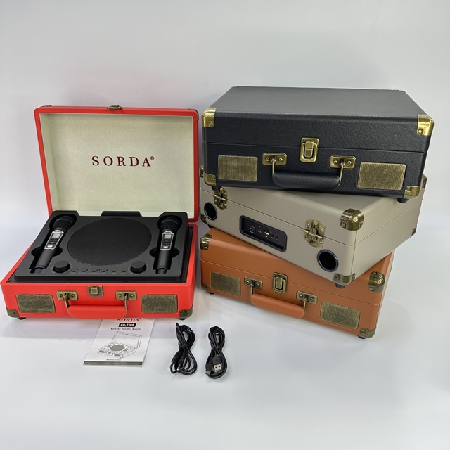 SD2109 Portable for Speaker with Dual Microphones for Karaoke Outdoor and Home Use Retro Wooden Case Red/Black