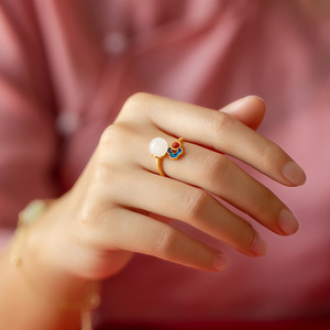 Sterling Silver Antique Gold <b>Ring</b> With Natural Hetian <b>Jade</b> Enamel Chinese Style Open Design Flower Shape Auspicious Clouds - Product Image 2