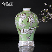 Vase à oiseaux en céramique verte traditionnelle chinoise V300-V307, décoration chinoiserie bleu et blanc, vase de table pour salon, bureau