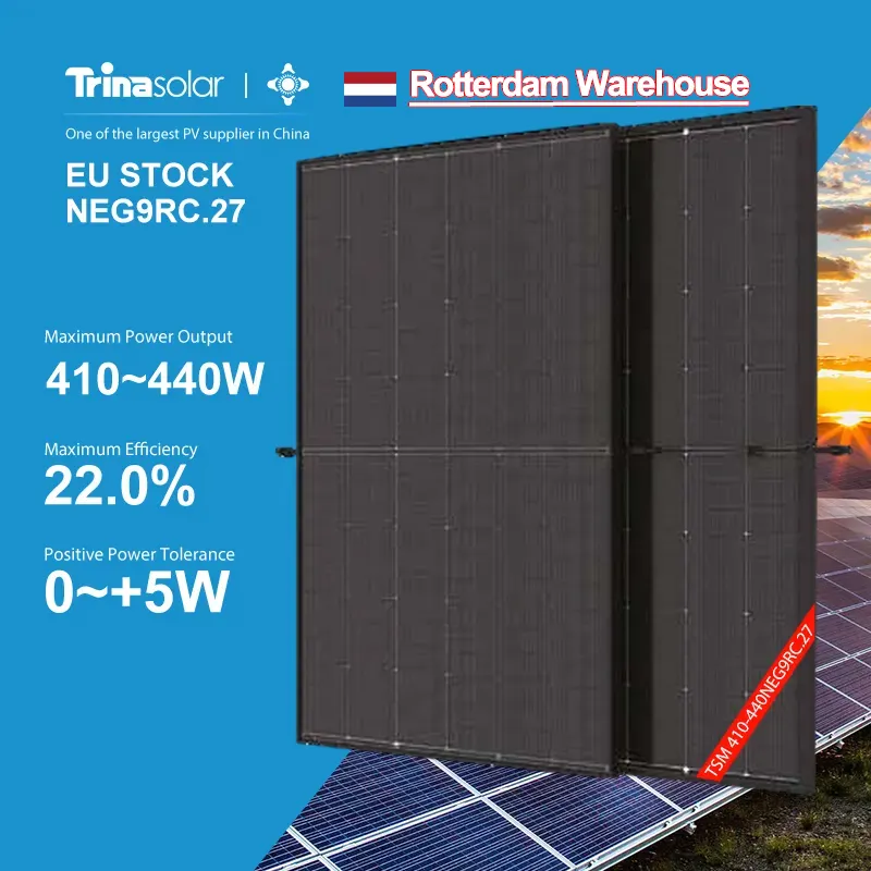 TSM-NEG9RC.27เซลล์แสงอาทิตย์ Trina Vertex S + 410W 415W 420W 425W 430W 435W 440W bifacial โมดูลกระจกคู่สีดำทั้งหมดแผงเซลล์แสงอาทิตย์ hom