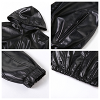 Blouson court noir en similicuir pour femme, style motard décontracté, avec capuche, ourlet élastique et fermeture éclair, modèle TKAN1019