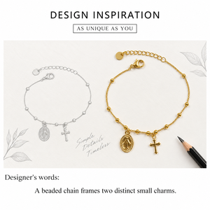 Beaded Chain <b>Cross</b> and Coin Charm <b>Bracelet</b> Stainless Steel 18K Gold Vacuum Plated Gold and <b>Silver</b> Colors - Product Image 3