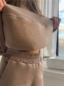 ODM ชุดกีฬาผู้หญิงแบบสองชิ้น, ชุดออกกำลังกายแบบสองชิ้นทรงหลวมแขนยาวมีฮู้ดกระเป๋าจิงโจ้กางเกงกีฬายืดได้ - Product Image 6